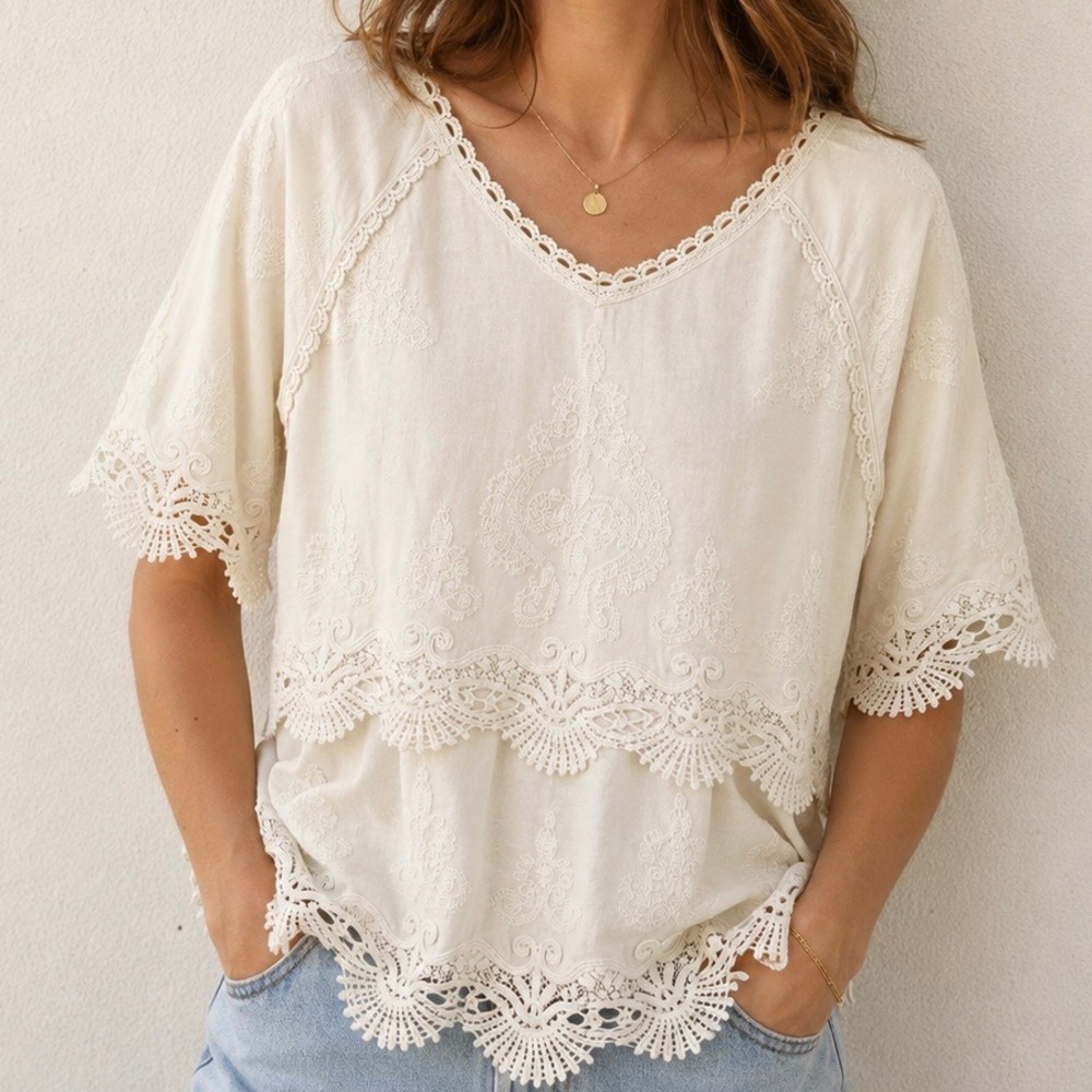 Sundance Womens Cream Embroidered Cotton Lace Trim V-Neck Boho Blouse Large